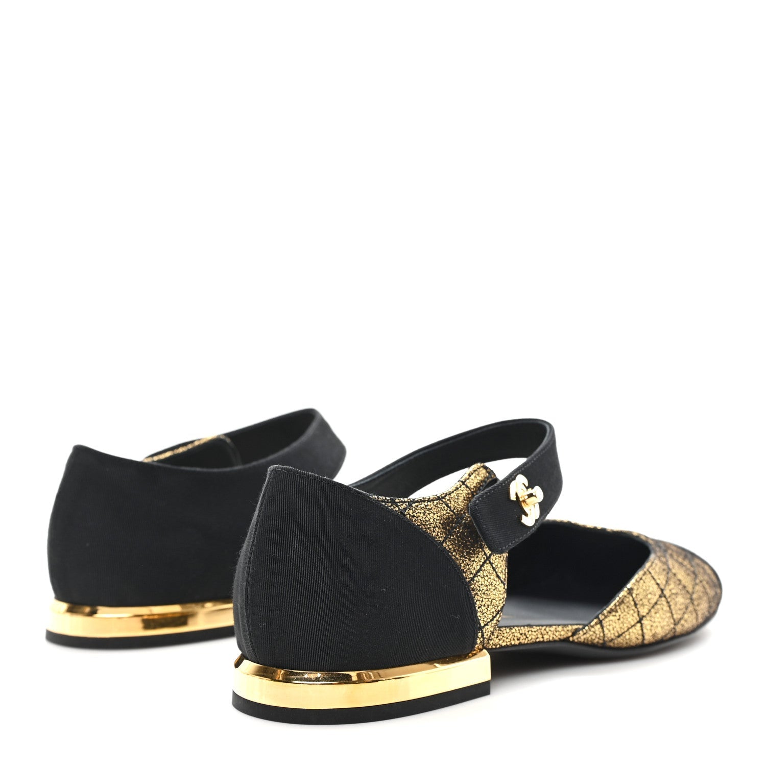 Laminated Suede Kidskin Grosgrain Quilted Cap Toe Ballerina Flats 36.5 Gold Black