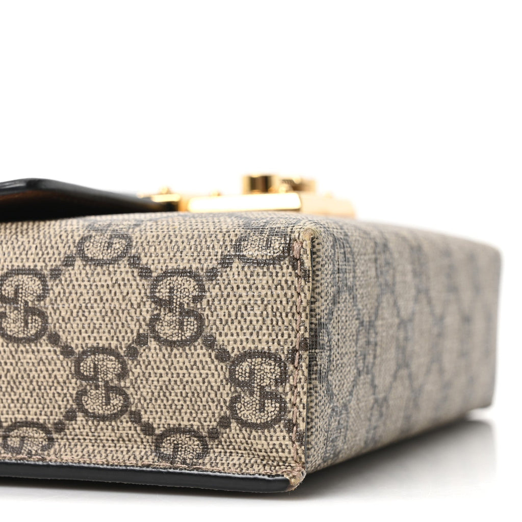 Gucci GG Supreme Monogram Calfskin Mini Padlock Top Handle Shoulder Bag Beige Black Cuir