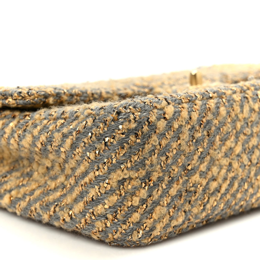 Chanel Metallic Tweed Quilted Medium Single Flap Beige Grey Gold