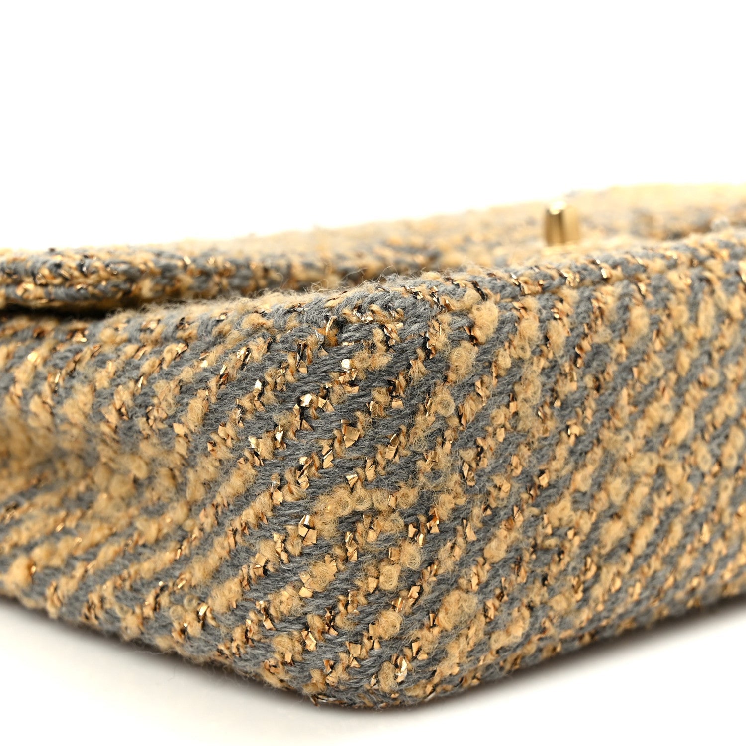 Chanel Metallic Tweed Quilted Medium Single Flap Beige Grey Gold
