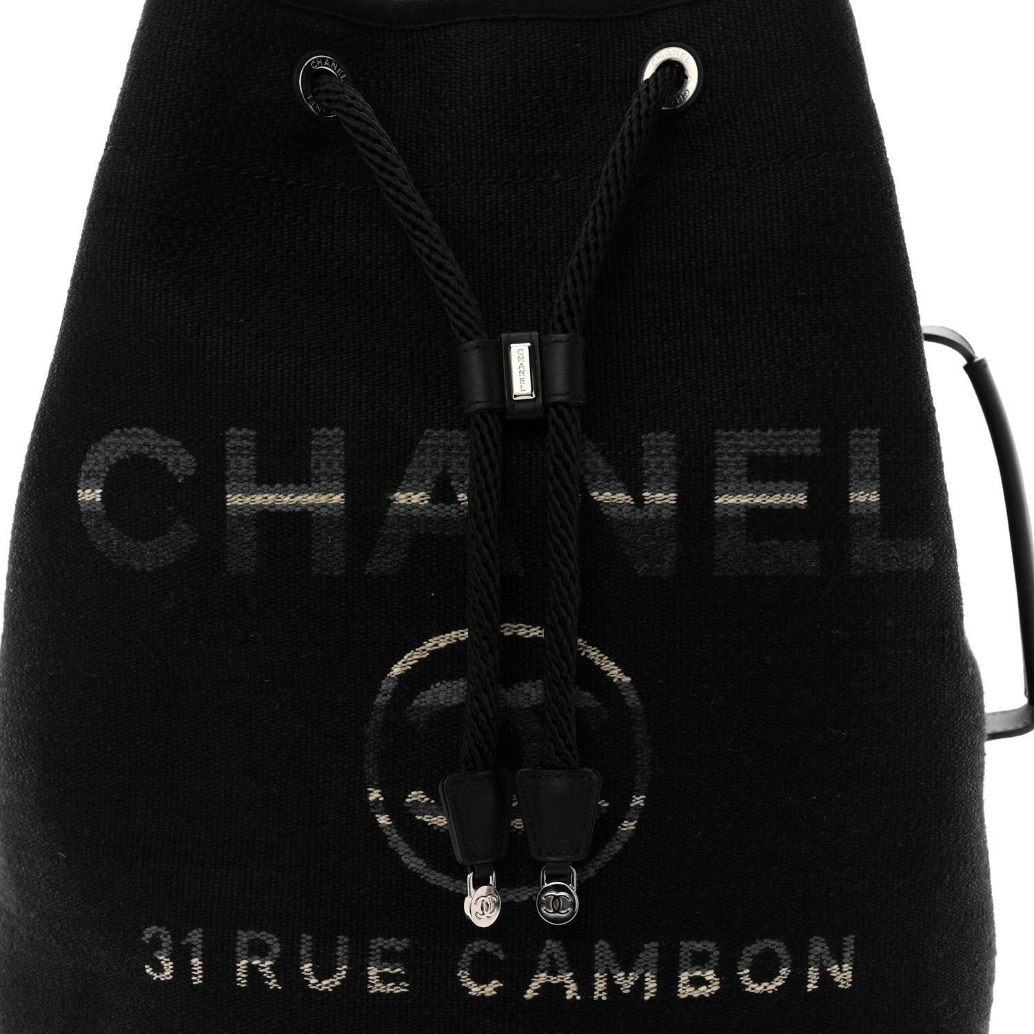 Chanel Striped Canvas Deauville Drawstring Backpack Black