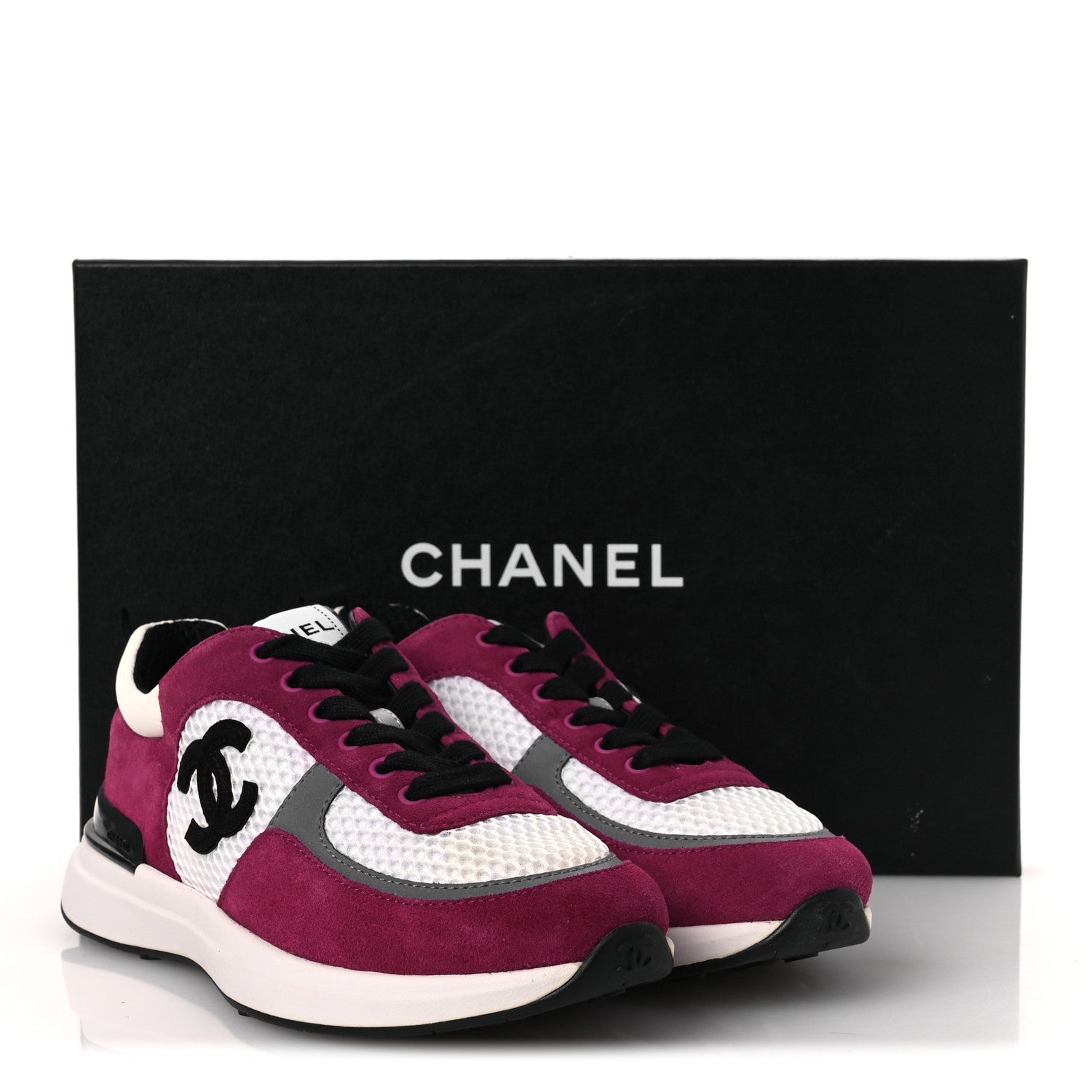 Mesh Suede Calfskin Womens CC Sneakers 36 White Dark Pink Grey