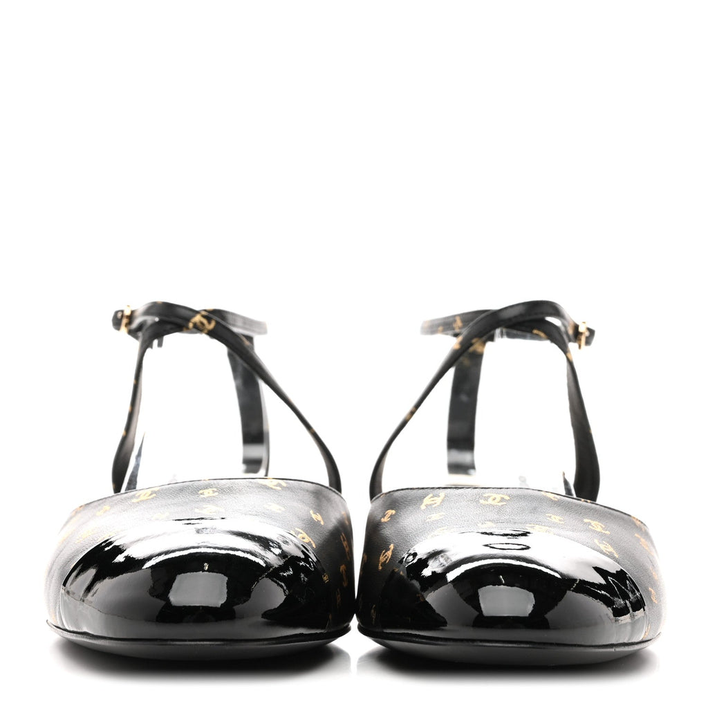 Printed Lambskin Patent Calfskin CC Slingback Flats 38.5 Black Gold
