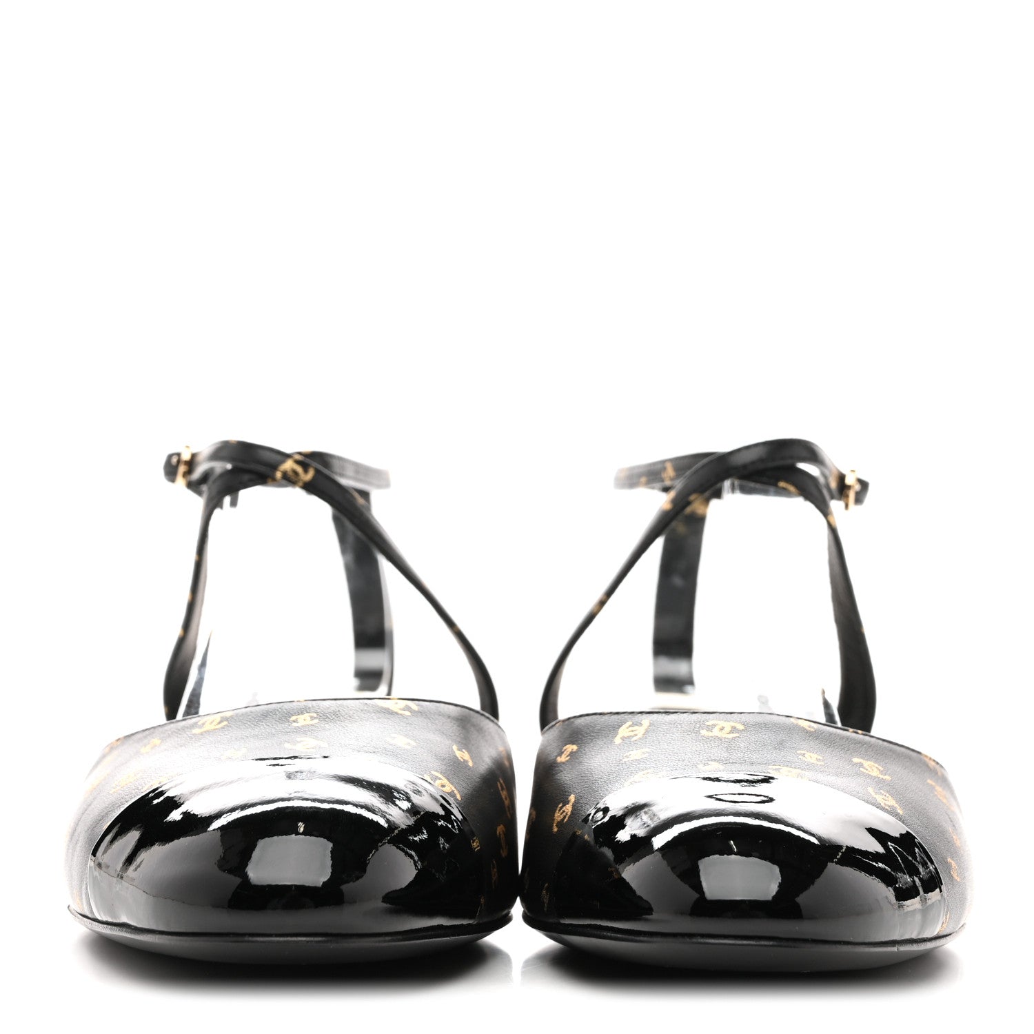 Printed Lambskin Patent Calfskin CC Slingback Flats 38.5 Black Gold