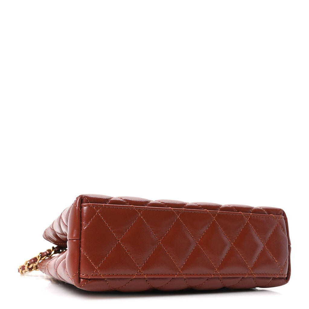 Chanel Shiny Aged Calfskin Quilted Nano Kelly Shopper Brown