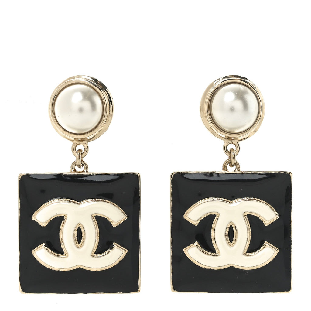 Metal Resin Pearl CC Drop Earrings Gold Black White
