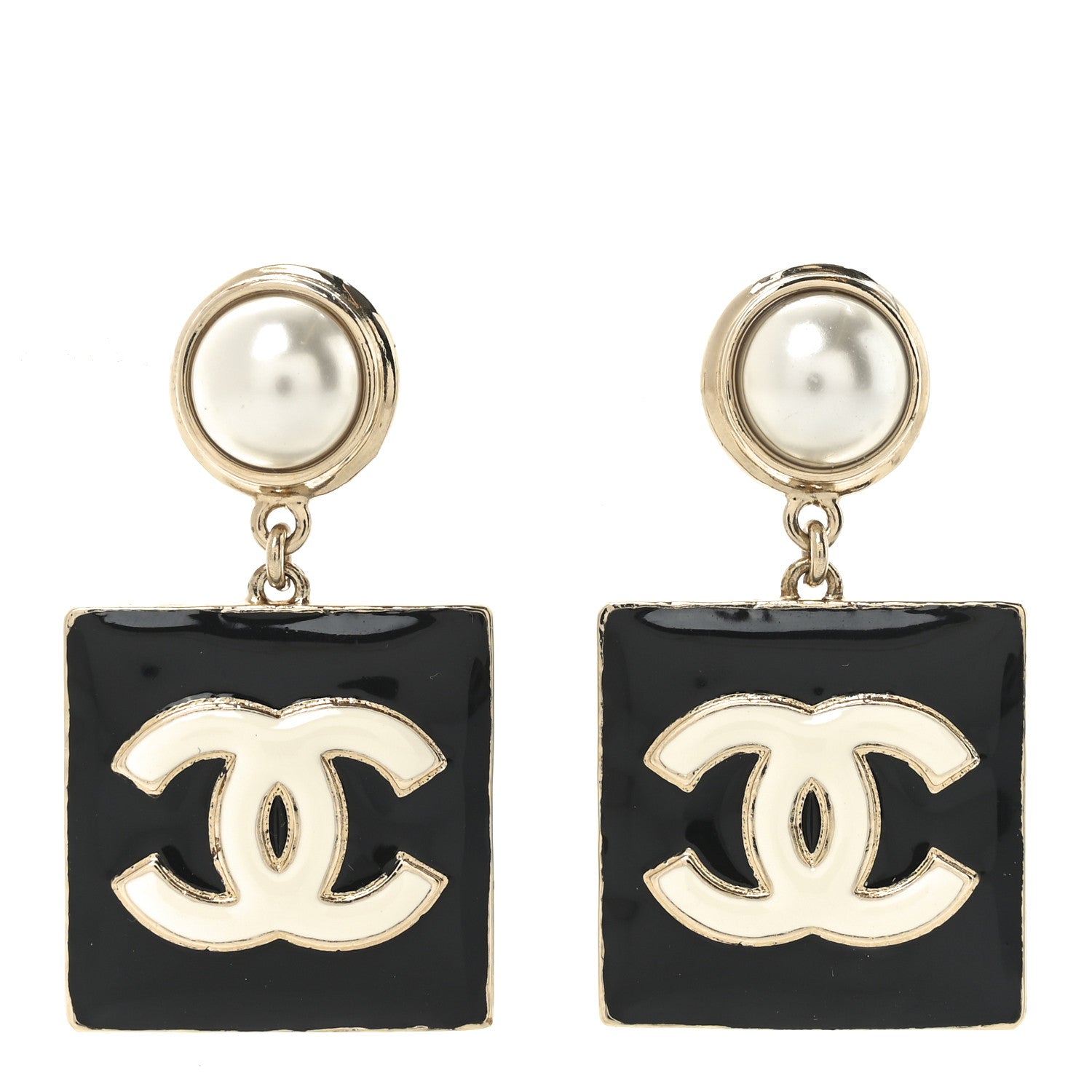 Metal Resin Pearl CC Drop Earrings Gold Black White