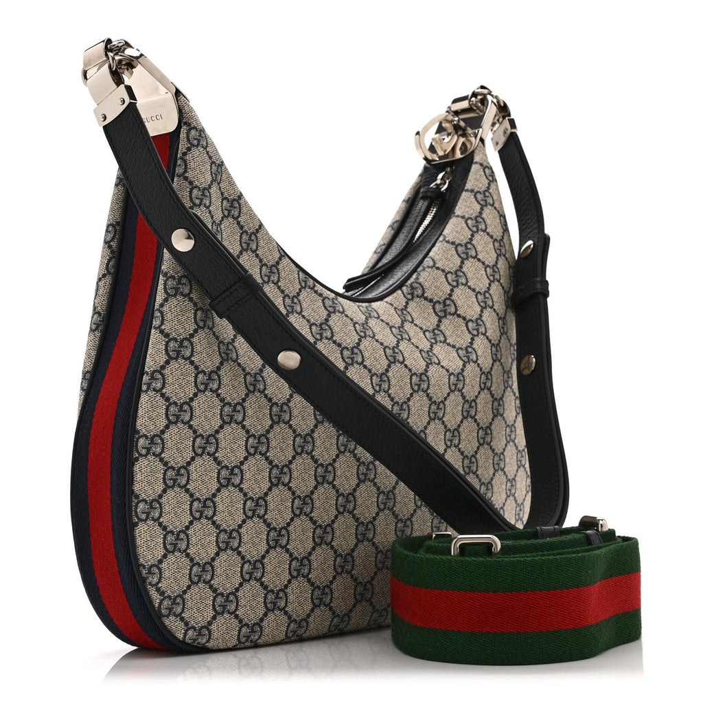 Gucci GG Supreme Monogram Textured Calfskin Web Small Attache Shoulder Bag Beige Blue