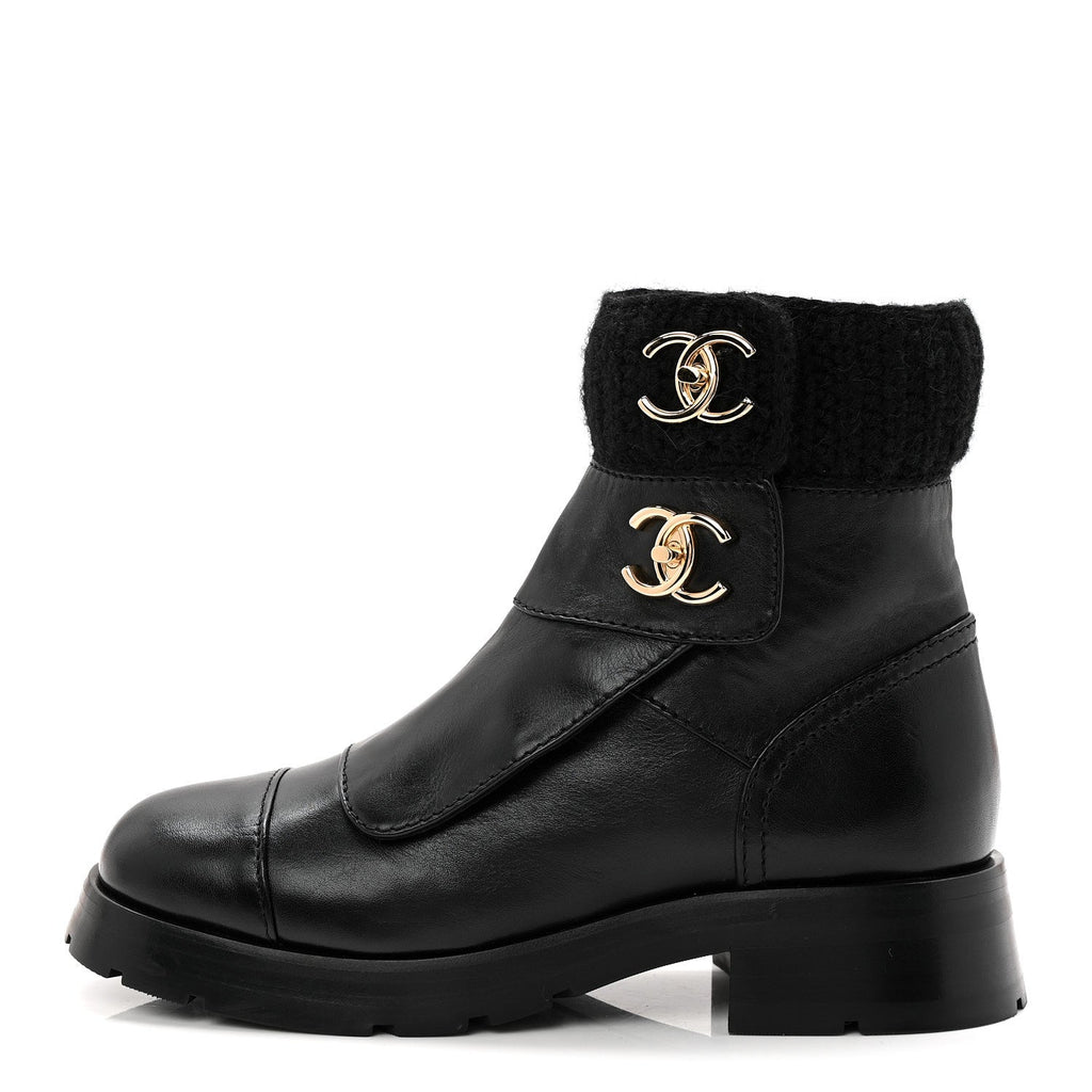 Calfskin Knit CC Short Boots 38 Black