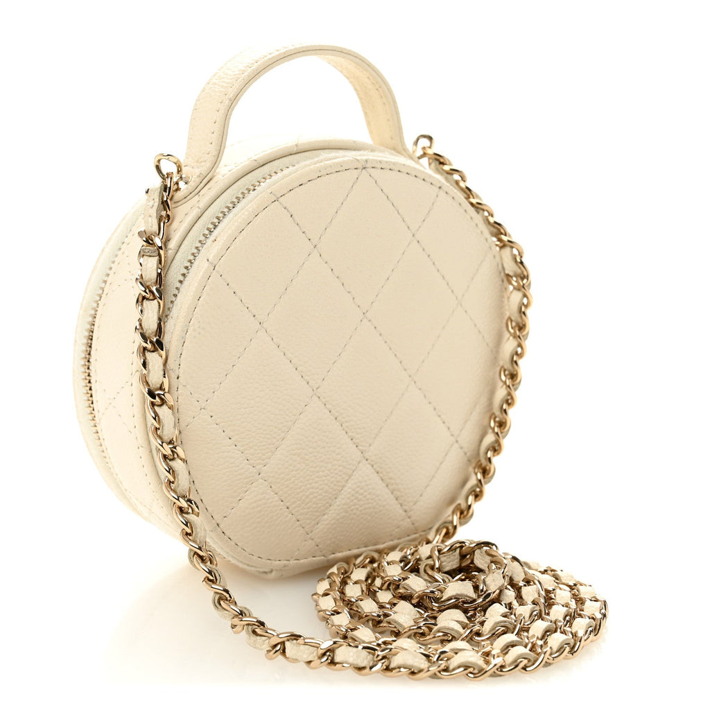Chanel Caviar Quilted Round Handle With Care Vanity With Chain White