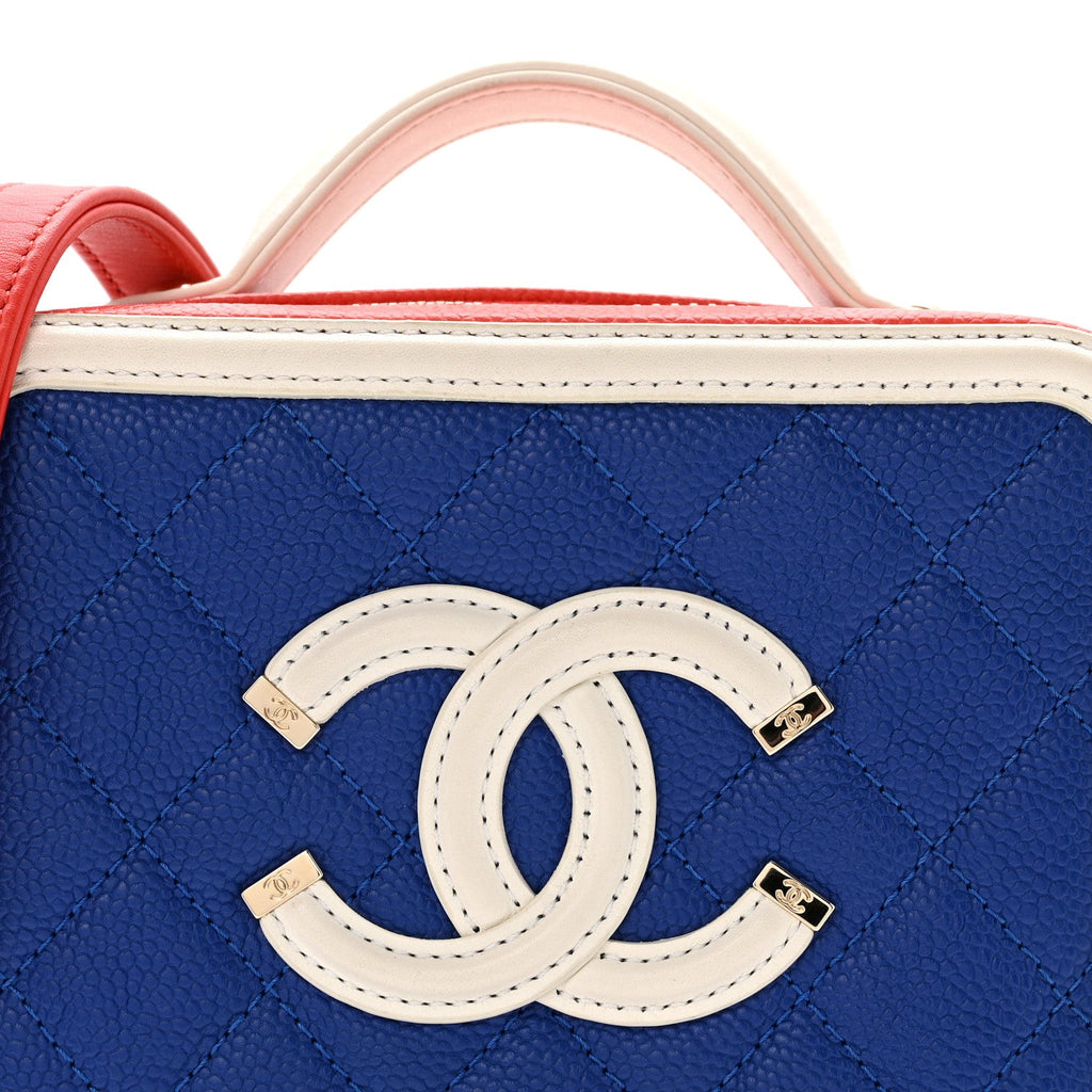 Chanel Caviar Quilted Small CC Filigree Vanity Case Blue White Red