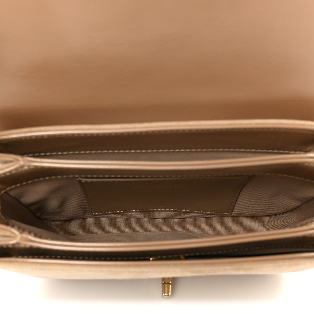 Chanel Shiny Calfskin Quilted Suede Goatskin Mini Messenger Beige