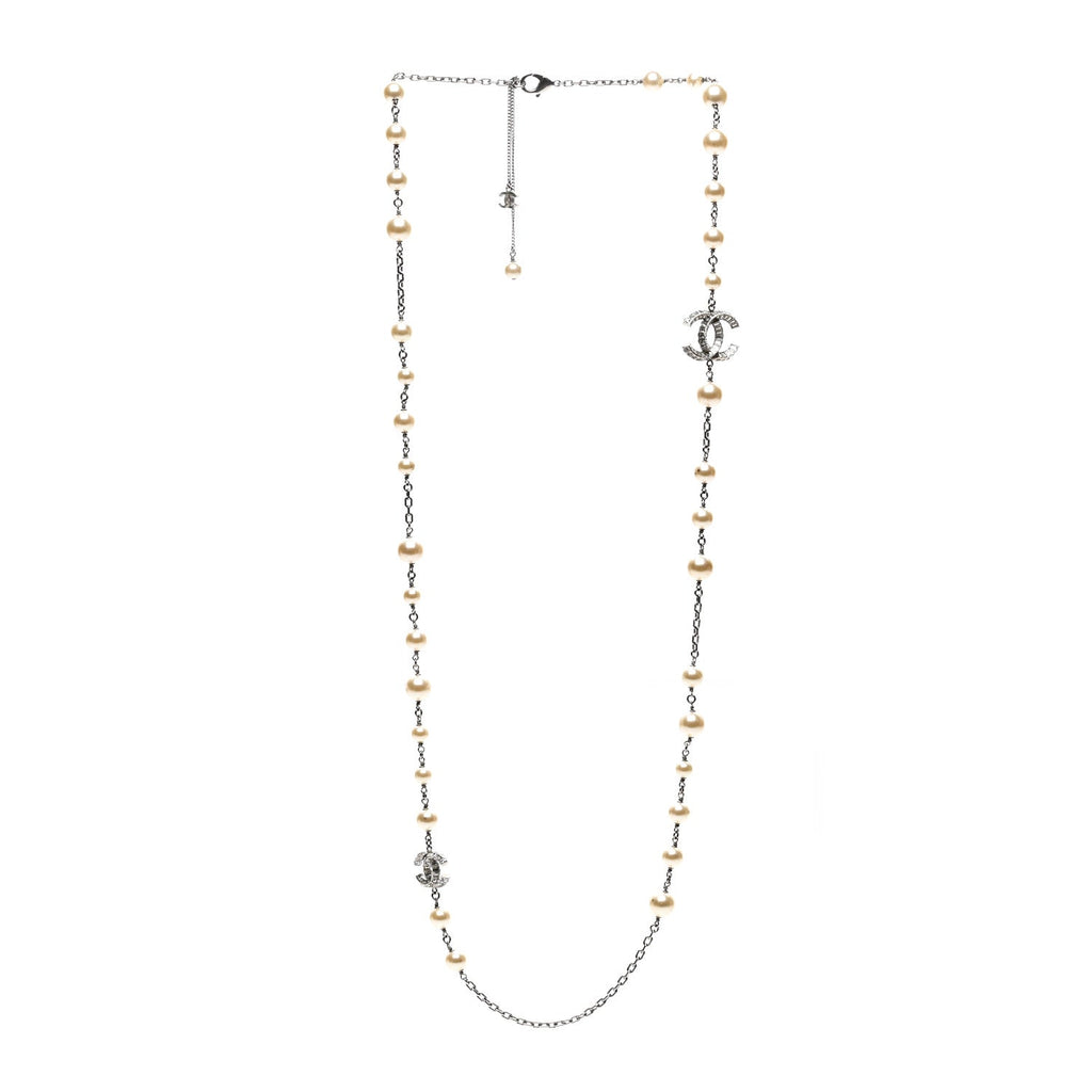 Graduated Pearl Crystal CC Long Necklace Silver