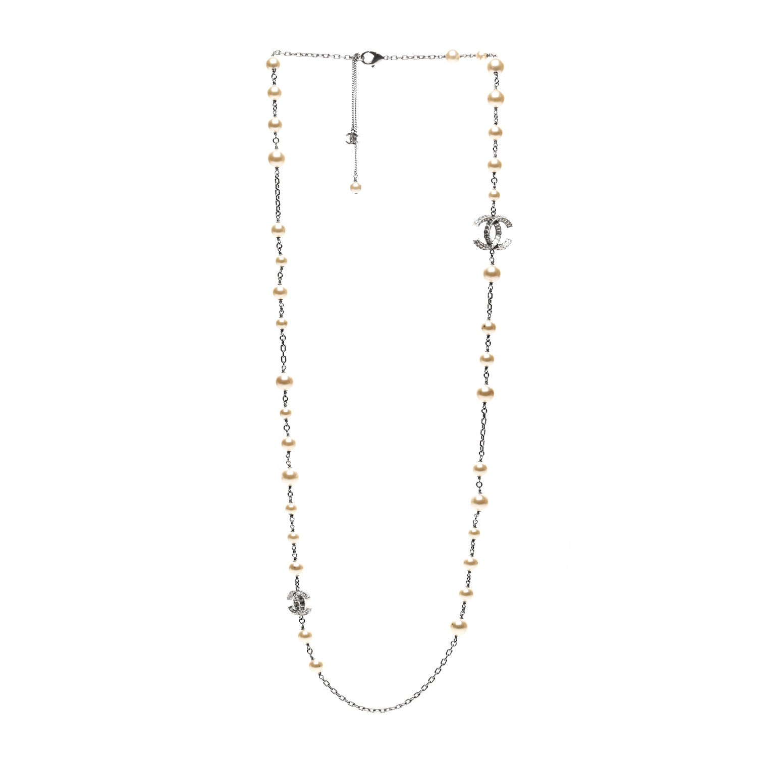 Graduated Pearl Crystal CC Long Necklace Silver
