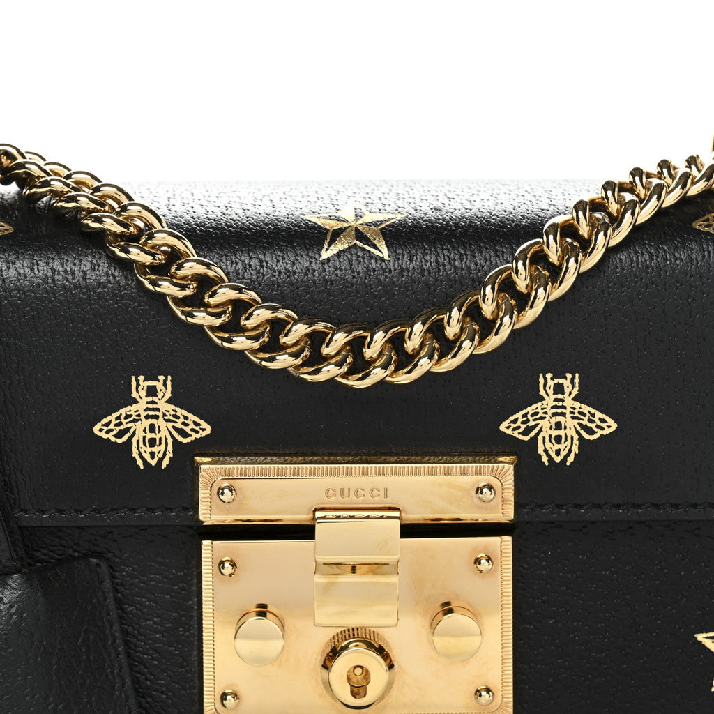 Gucci Grained Calfskin Bee Star Small Padlock Shoulder Bag Black