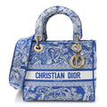 Christian Dior Canvas Toile De Jouy Reverse Embroidered Medium Lady D-Lite Fluorescent Blue