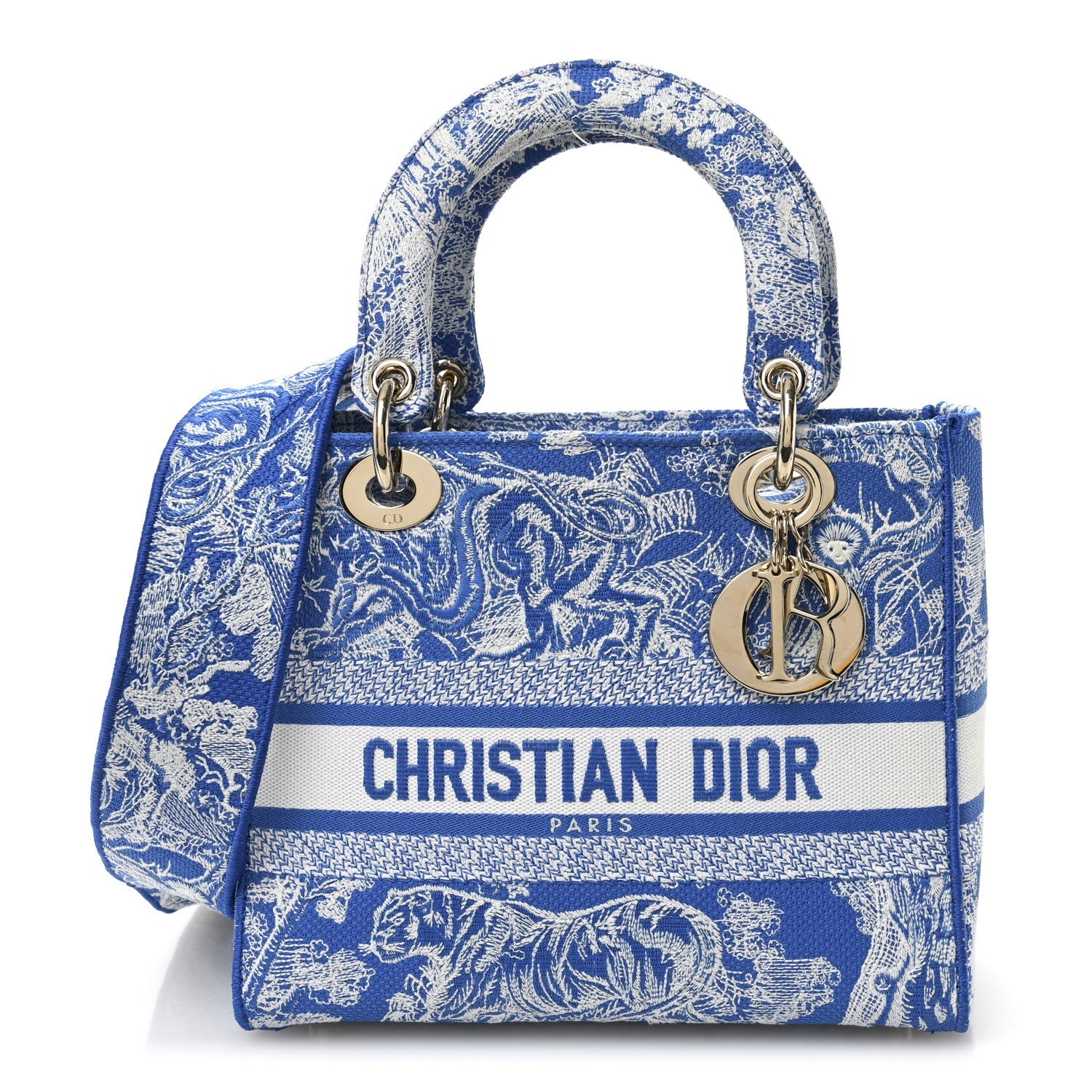 Christian Dior Canvas Toile De Jouy Reverse Embroidered Medium Lady D-Lite Fluorescent Blue
