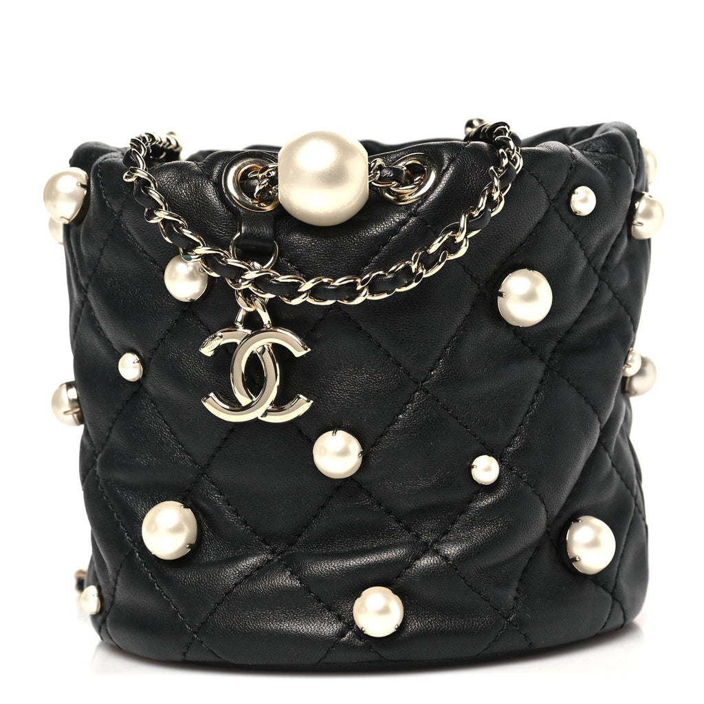 Chanel Lambskin Quilted Pearl Mini About Pearls Drawstring Bag Black
