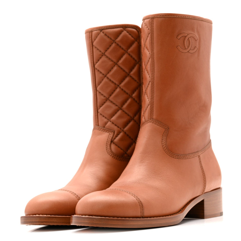 Calfskin CC Logo Mid Calf Boots 39 Brown