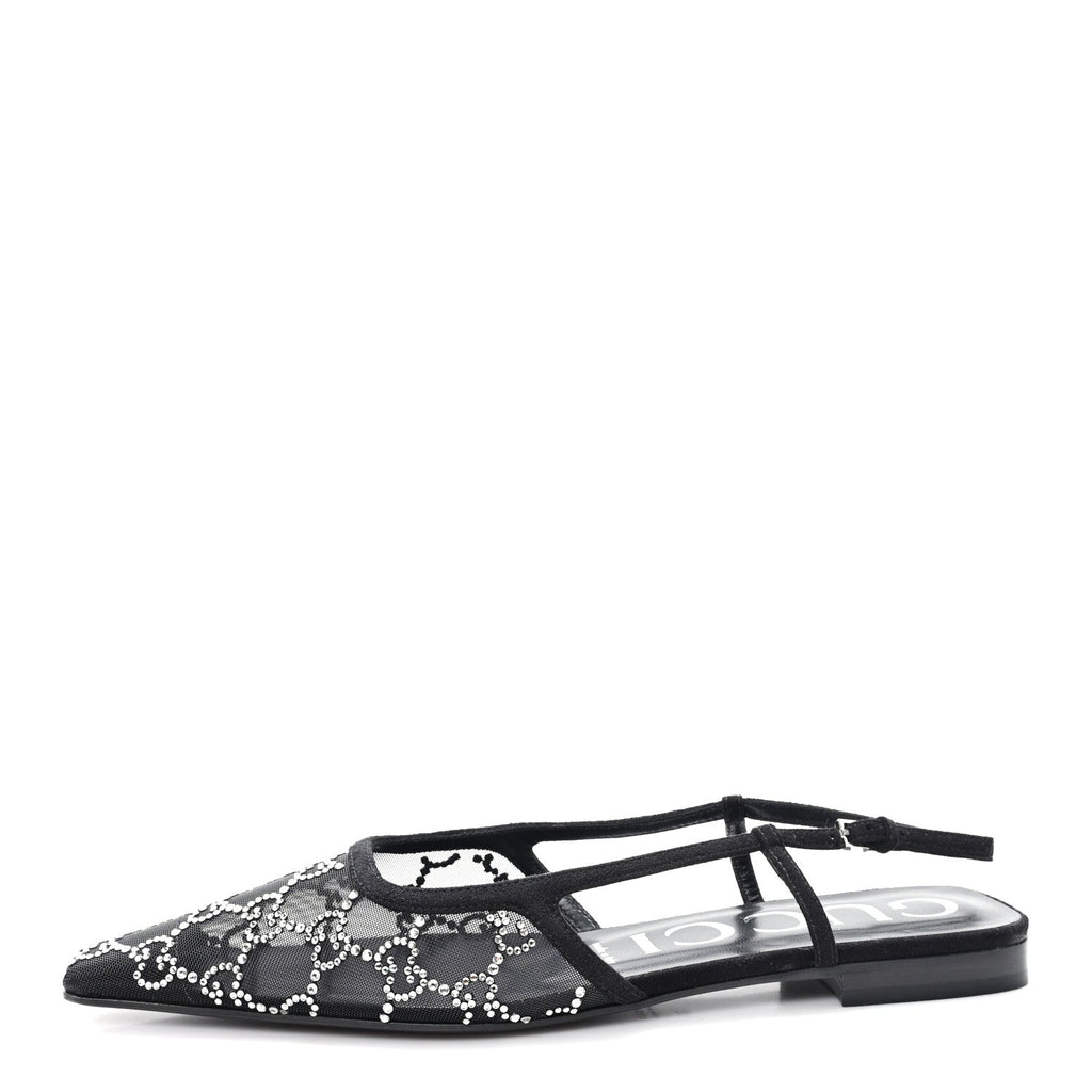 Gucci Suede Mesh Crystal GG Monogram Slingback Ballet Flats 39 Black