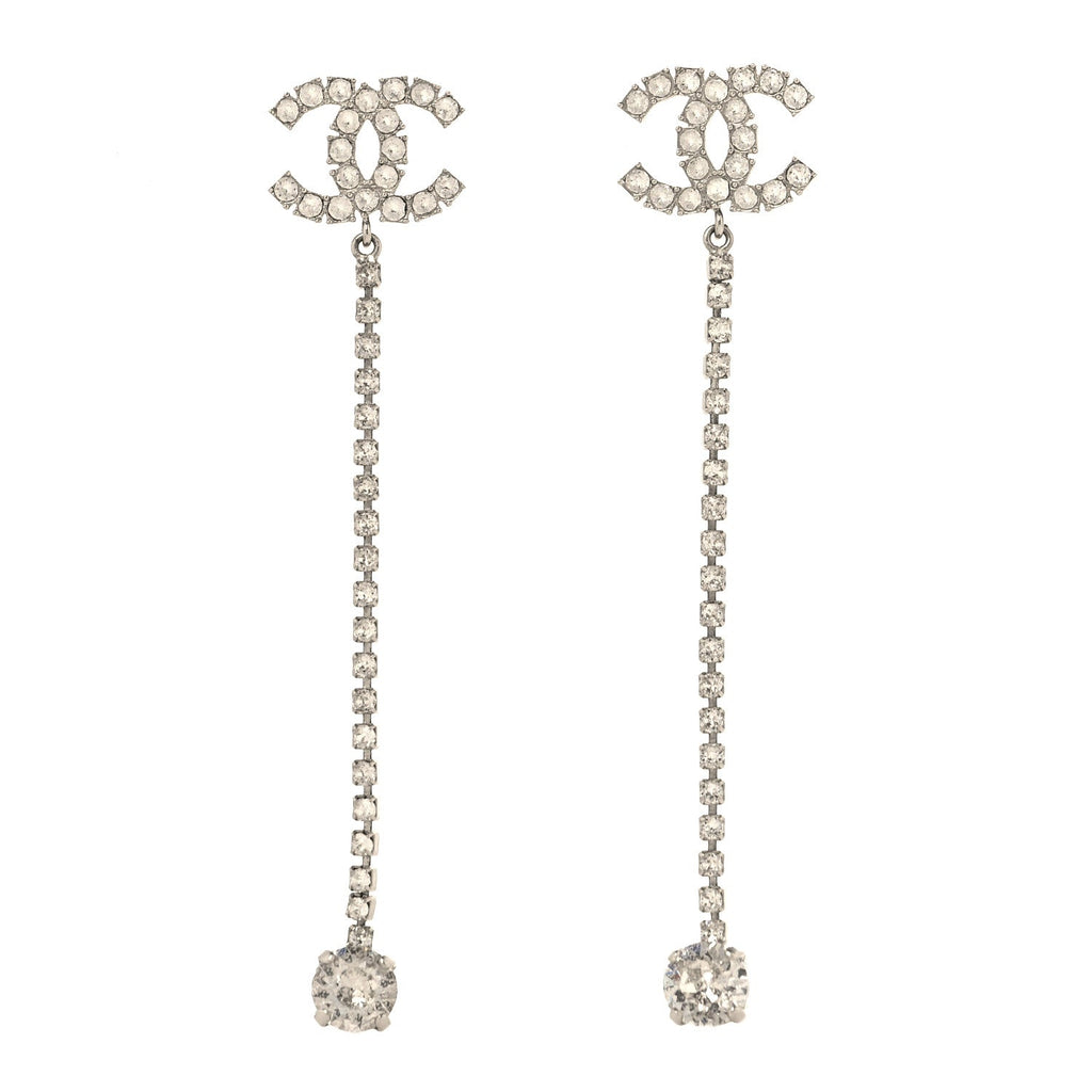 Metal Baguette Round Crystal CC Drop Long Earrings Silver