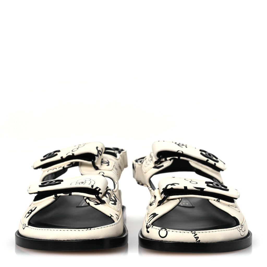 Lambskin Printed CC Velcro Dad Sandals 37.5 White Black