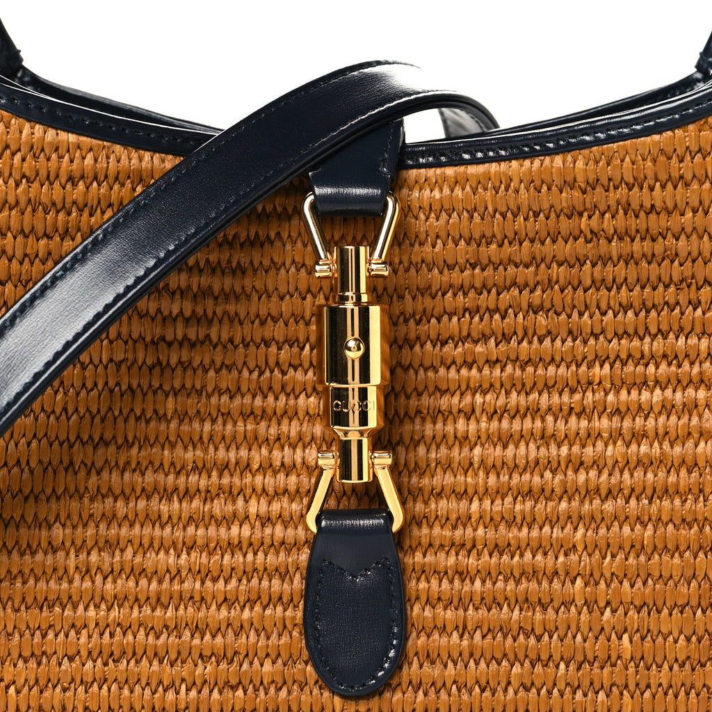 Gucci Straw Lux Boarded Dyana Lux Calfskin Small Jackie 1961 Hobo Dark Natural Blue