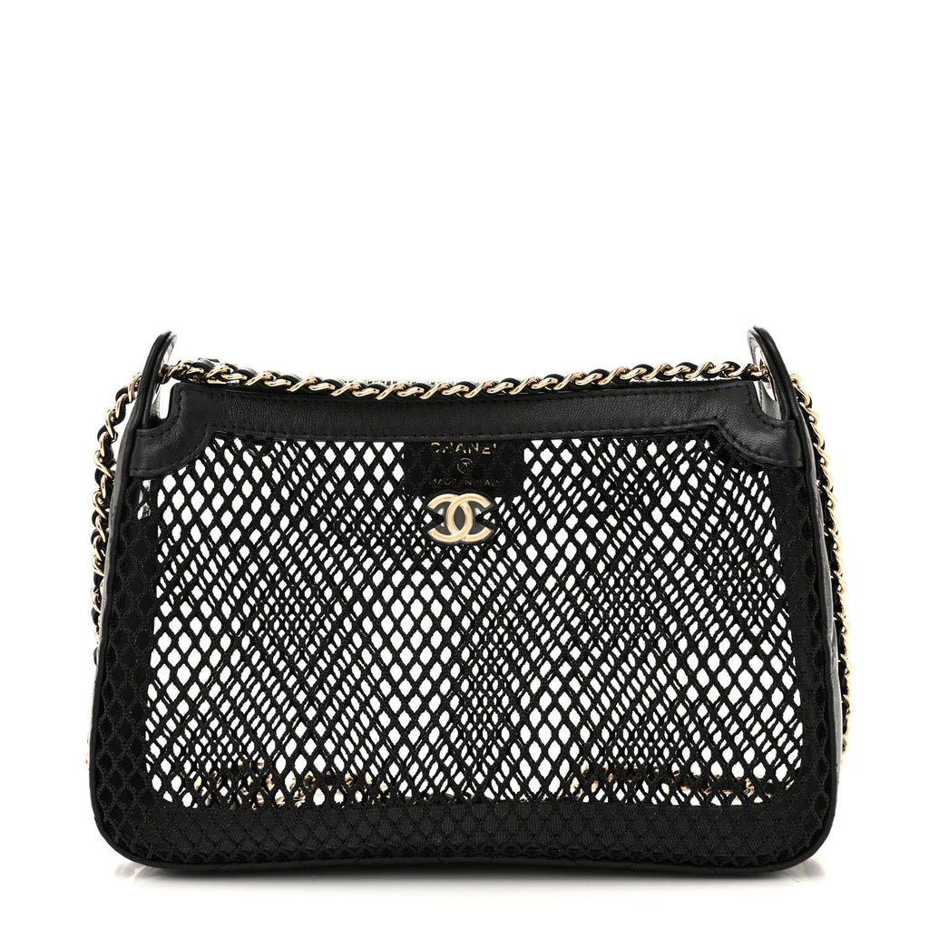 Chanel Mesh Shiny Lambskin Clutch With Chain Black