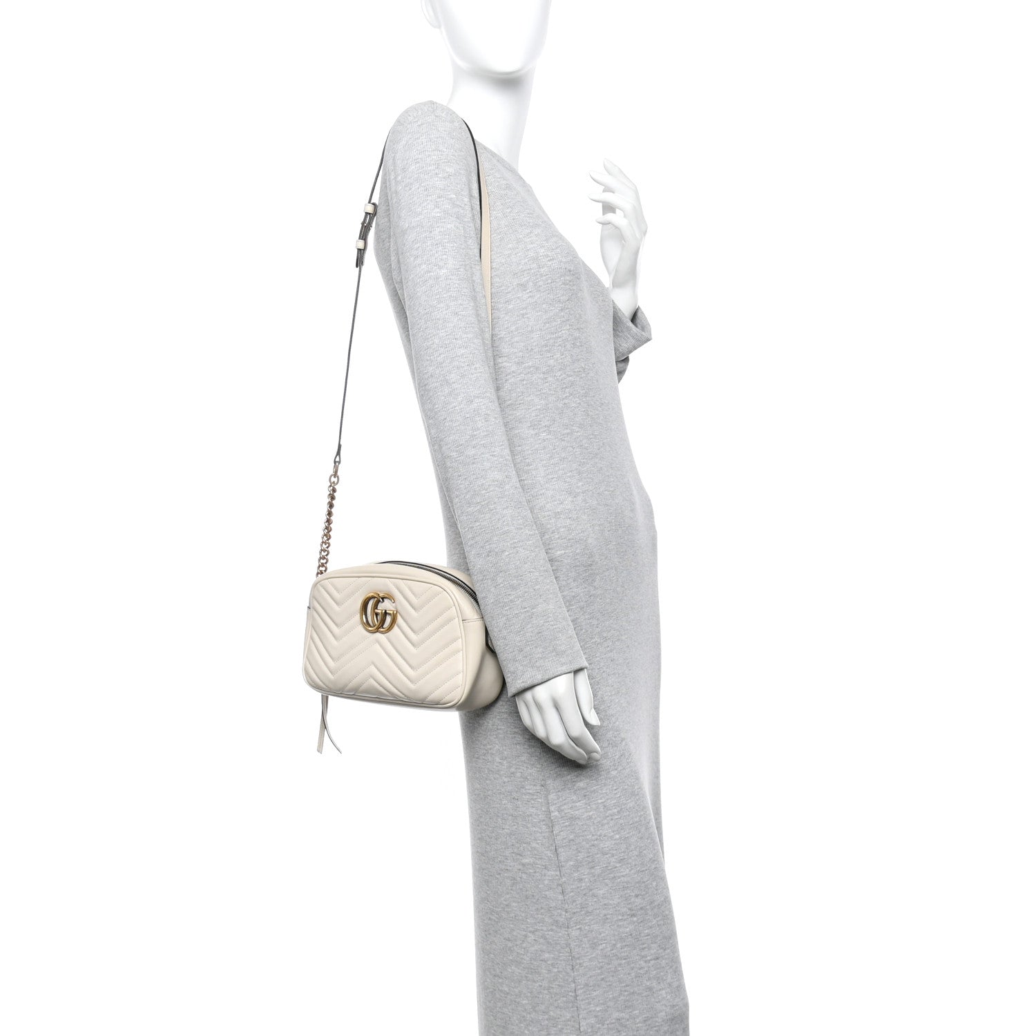 Gucci Calfskin Matelasse Small GG Marmont Chain Shoulder Bag White
