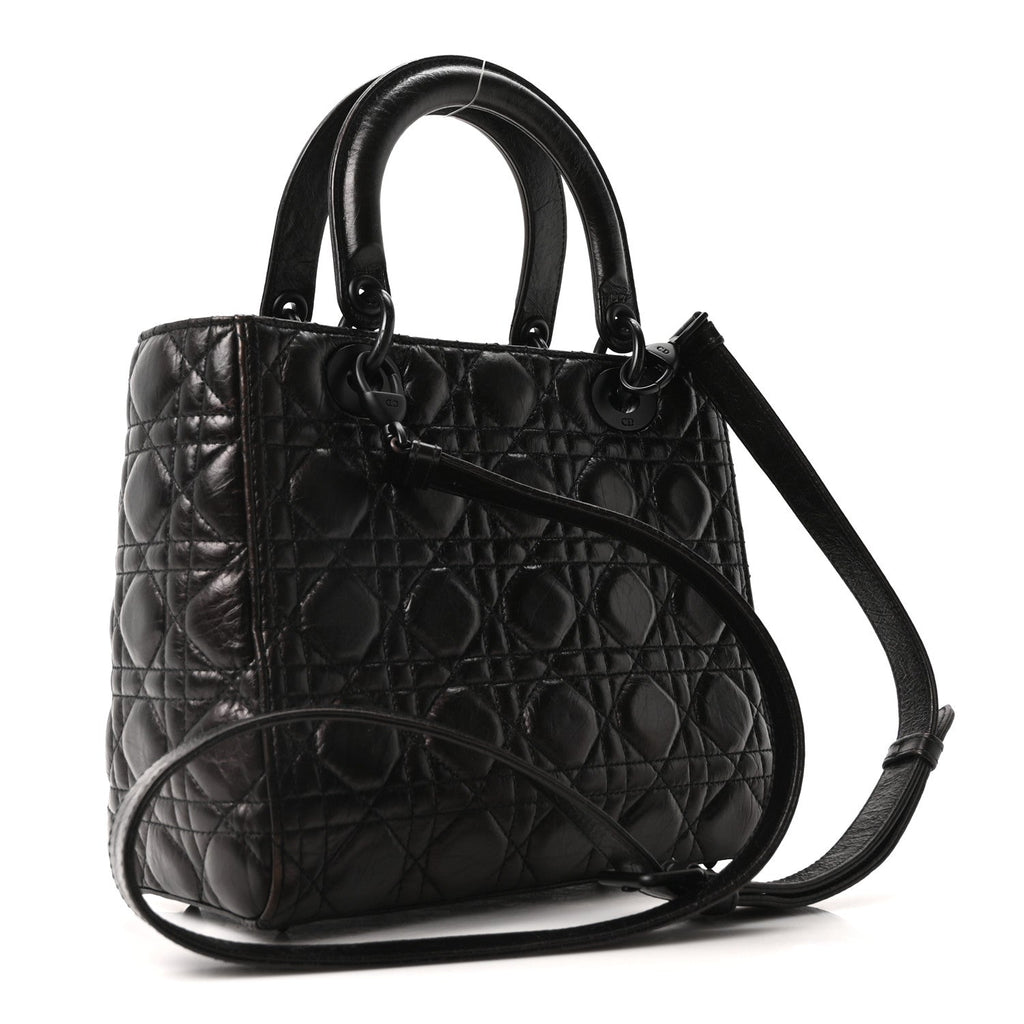 Christian Dior Crinkled Calfskin Cannage Medium Lady Dior Black