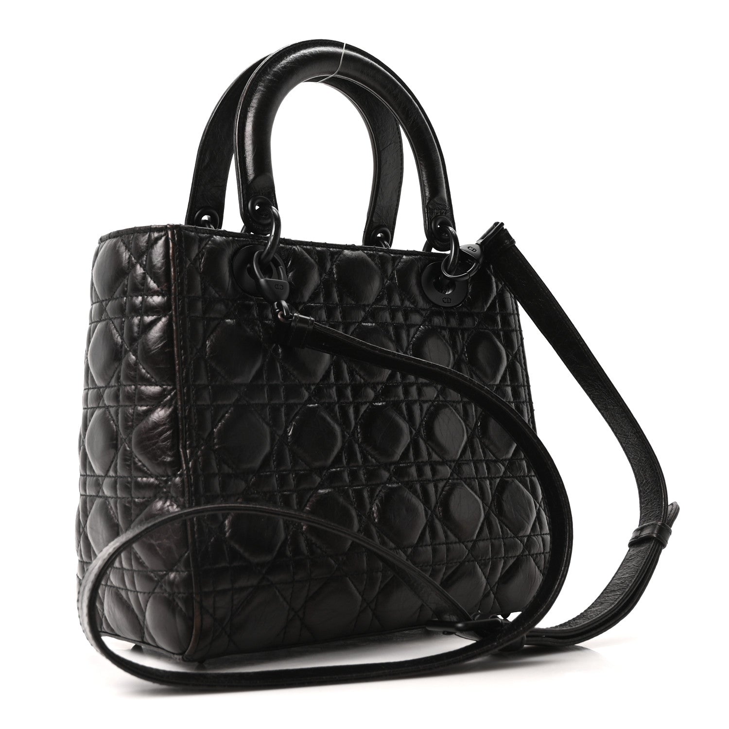 Christian Dior Crinkled Calfskin Cannage Medium Lady Dior Black
