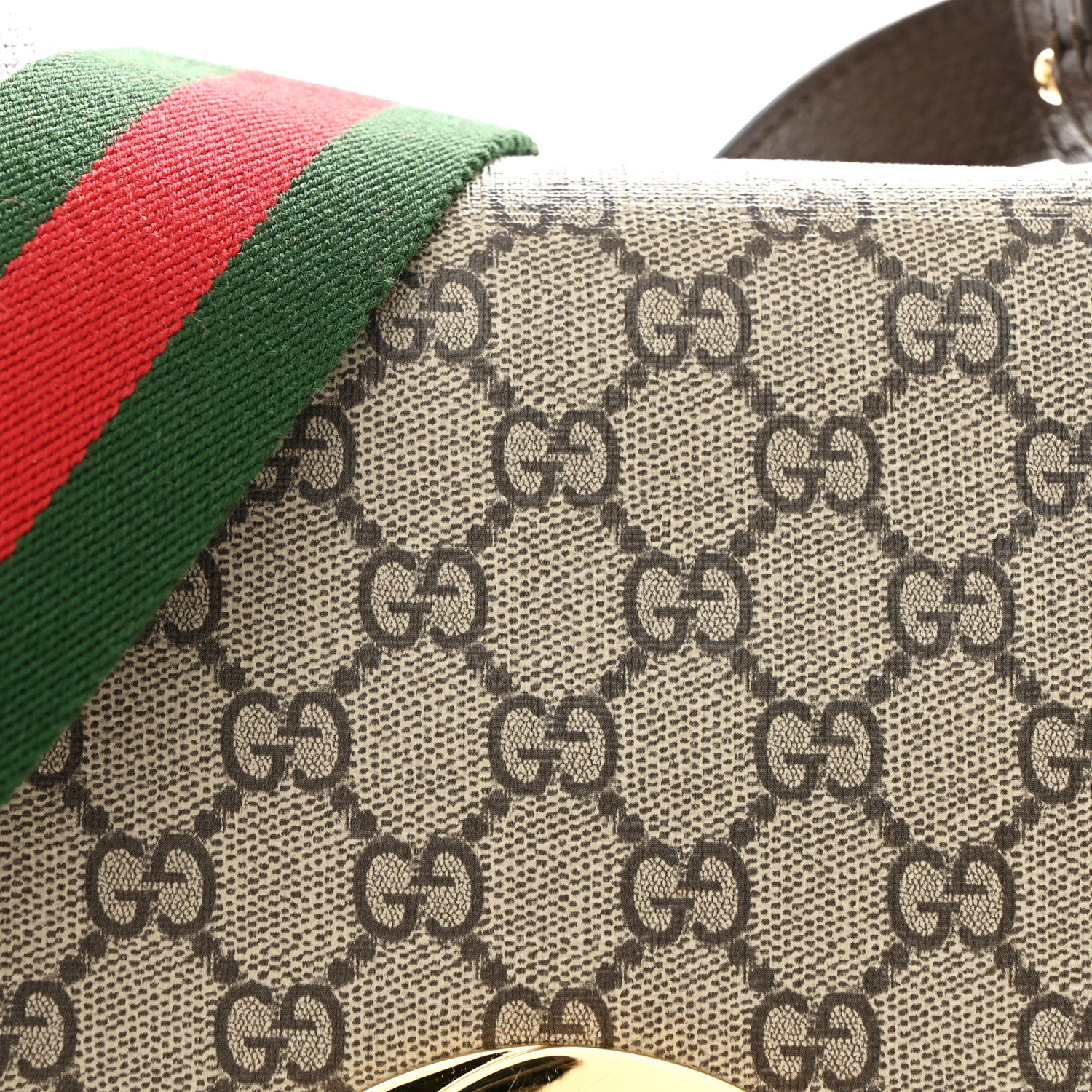Gucci GG Supreme Monogram Textured Dollar Calfskin Web Medium Blondie Top Handle Shoulder Flap Bag Beige Ebony New Acero