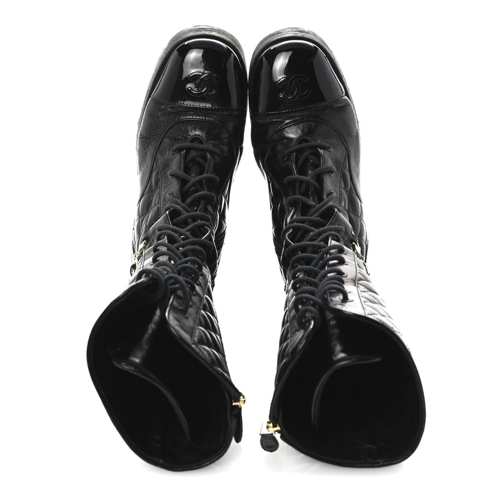 Chanel Shiny Calfskin Patent Quilted Chain Lace Up Combat Long Boots 38.5 Black