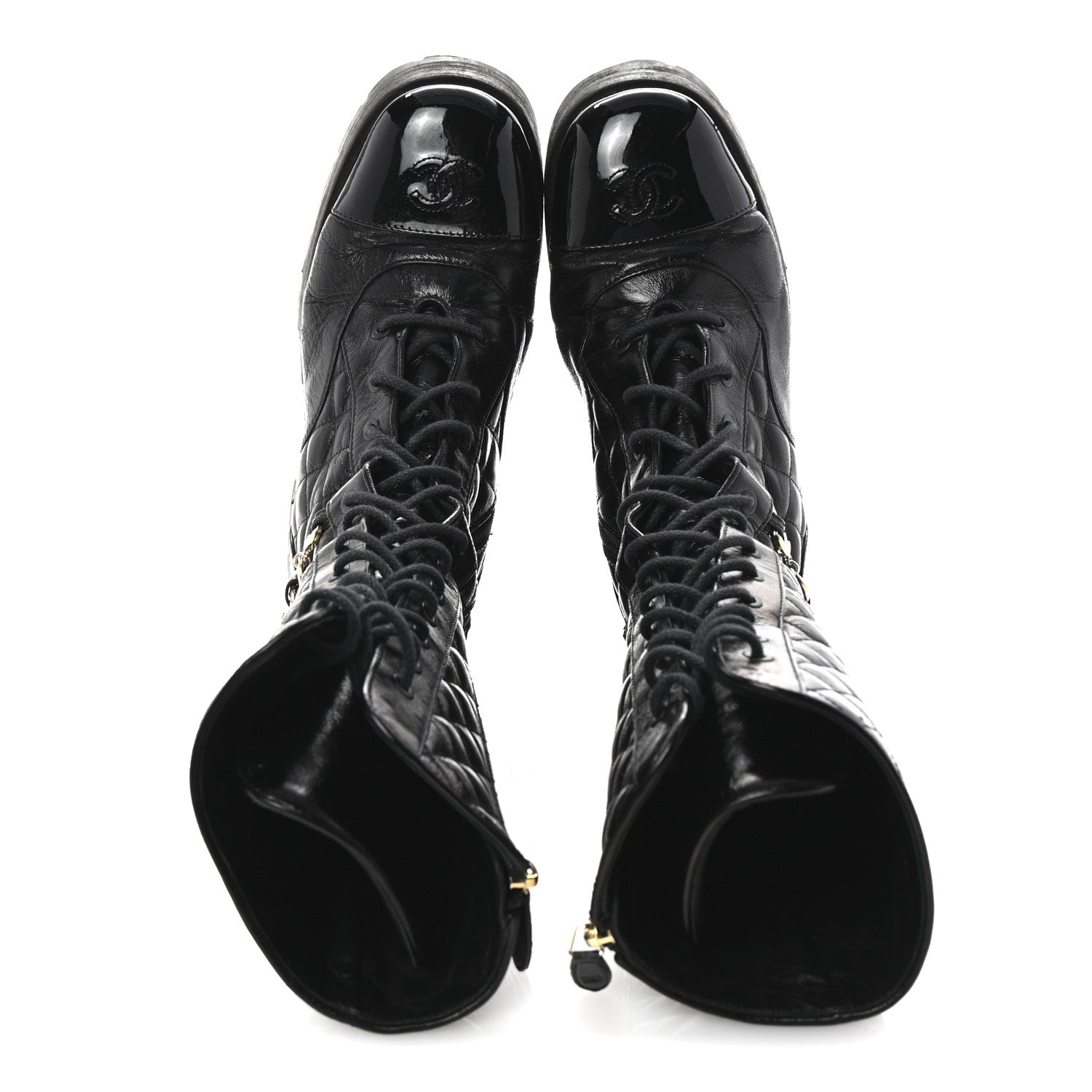 Chanel Shiny Calfskin Patent Quilted Chain Lace Up Combat Long Boots 38.5 Black