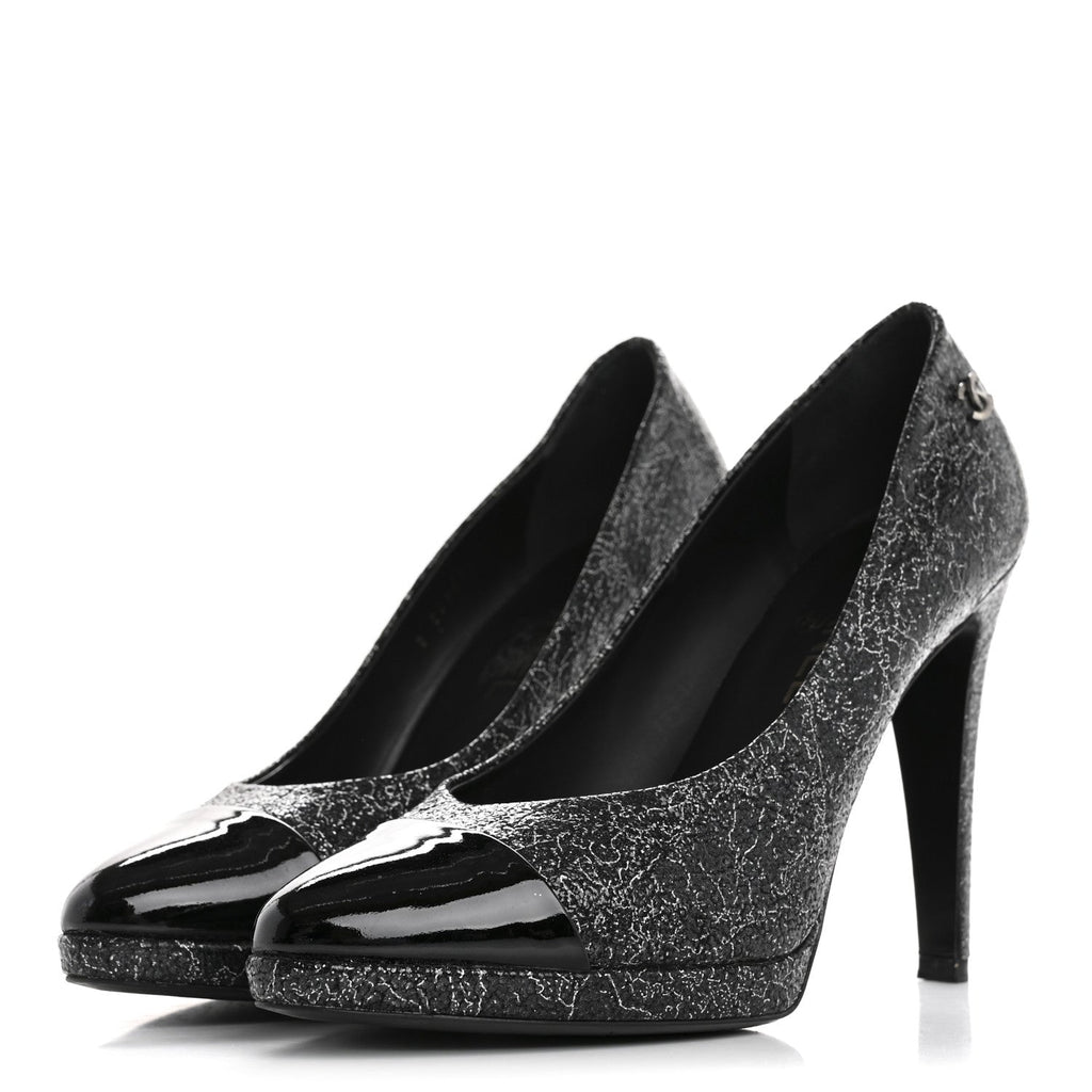 Metallic Crackled Calfskin Patent Cap Toe Pumps 41 Silver Black