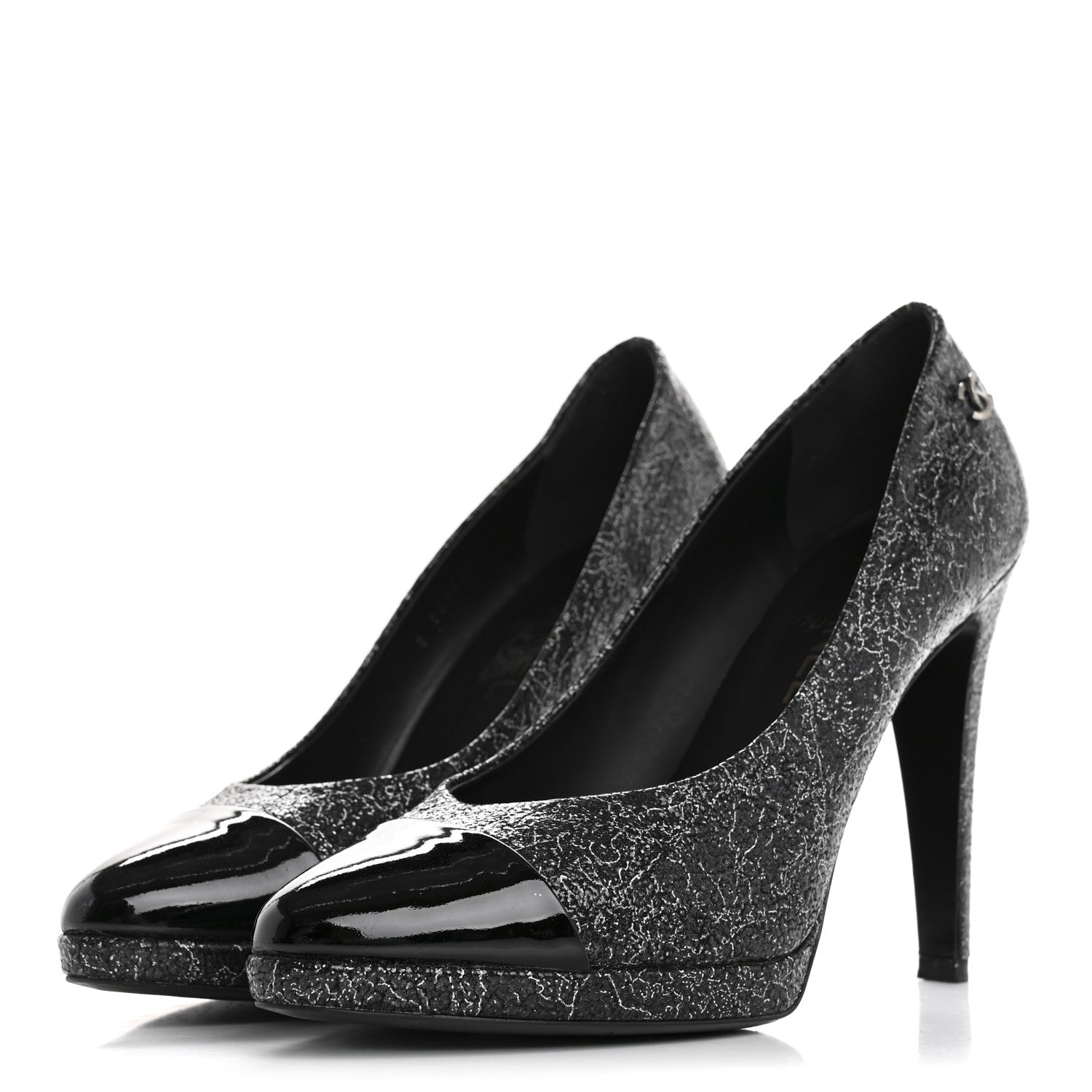 Metallic Crackled Calfskin Patent Cap Toe Pumps 41 Silver Black