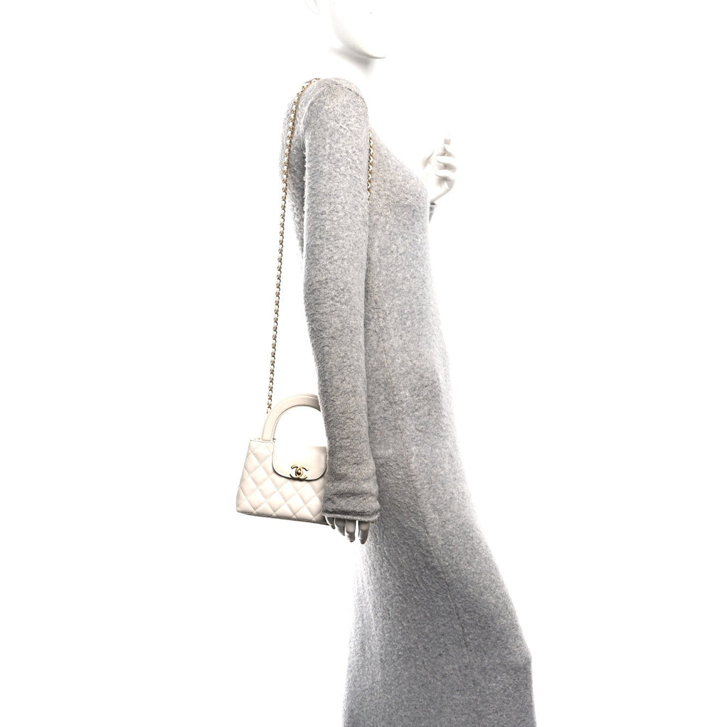 Chanel Shiny Aged Calfskin Quilted Nano Kelly Shopper White