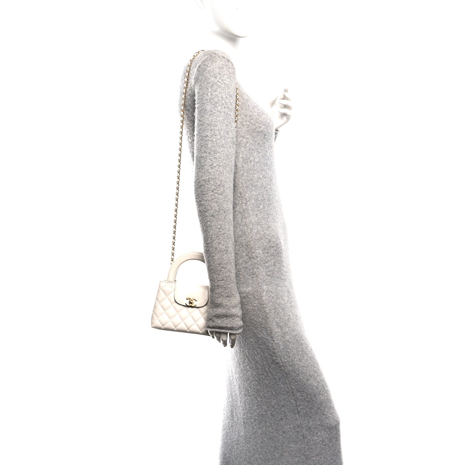 Chanel Shiny Aged Calfskin Quilted Nano Kelly Shopper White