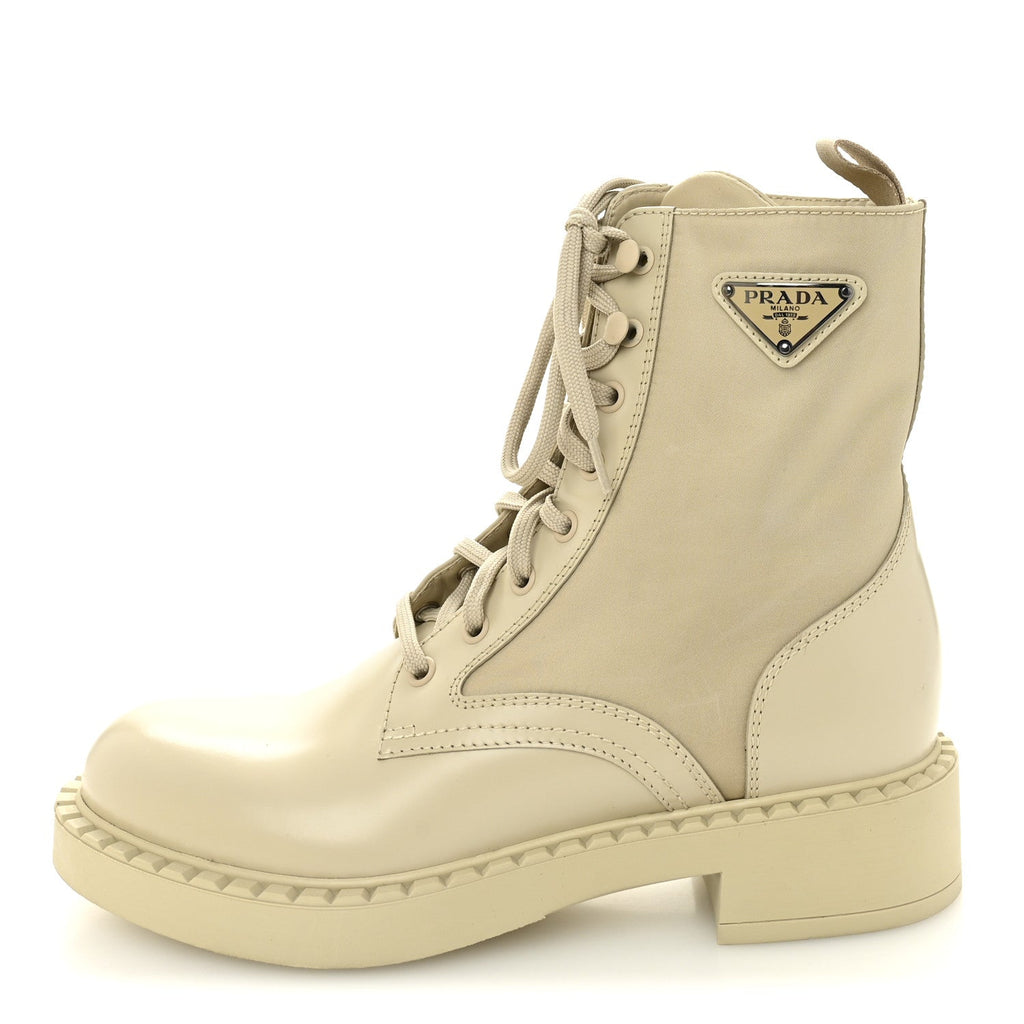 Prada Spazzolato Re-Nylon Metal Triangle Logo Womens 50mm Combat Boots 39 Deserto