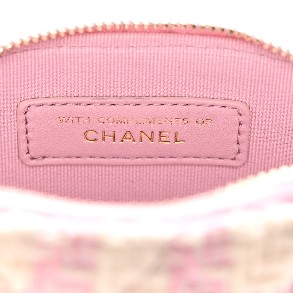 Chanel Tweed Quilted Mini Clutch With Chain Pink