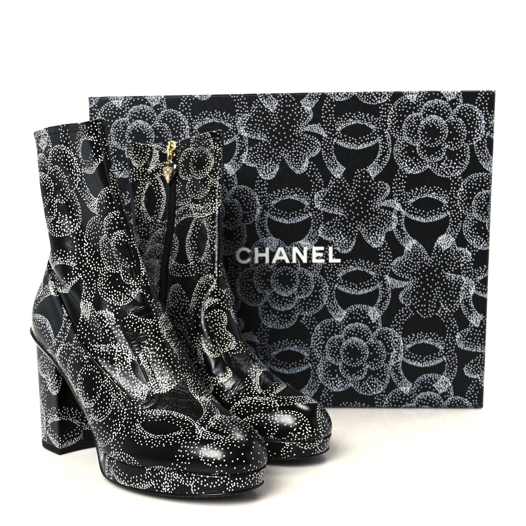 Calfskin Camellia Printed Ankle Boots 39 Black White