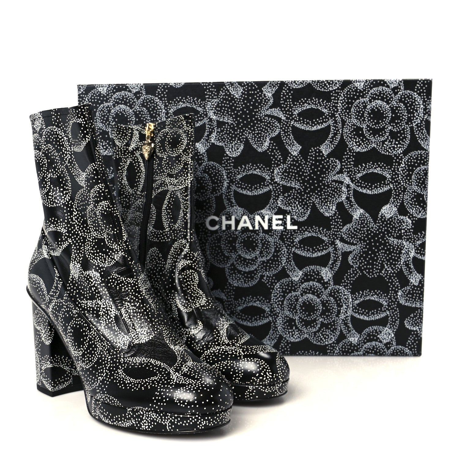 Calfskin Camellia Printed Ankle Boots 39 Black White