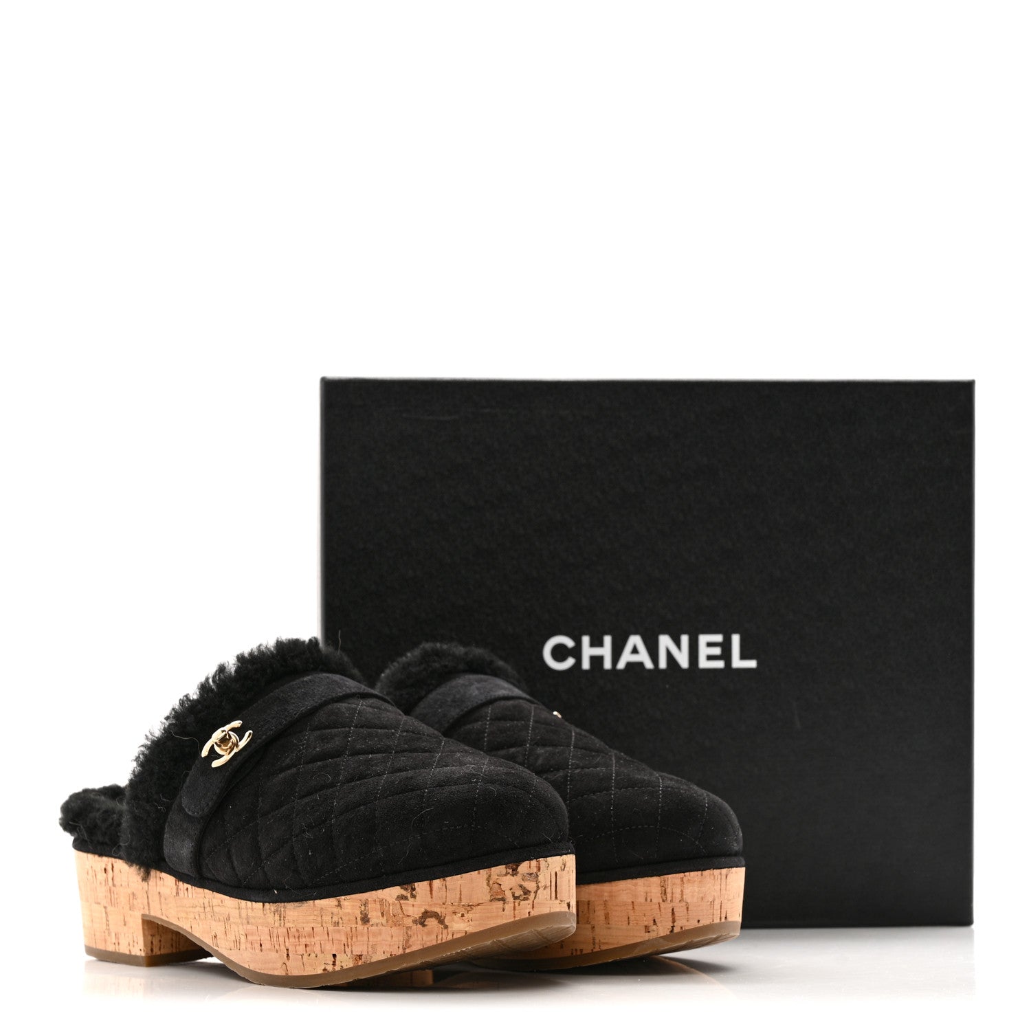 Chanel Suede Calfskin Shearling Turn Lock Clogs 41 Black