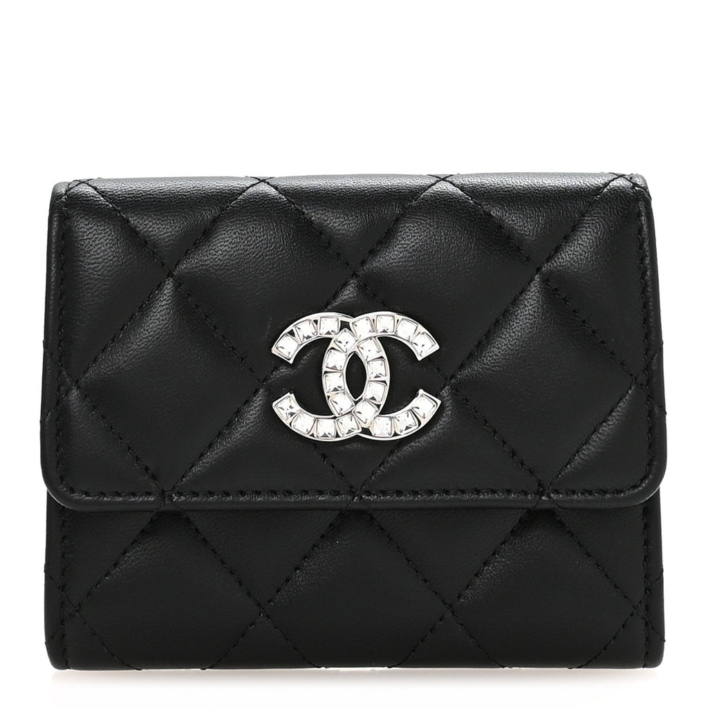 Lambskin Quilted Flap Baguette Crystal Card Holder Wallet Black