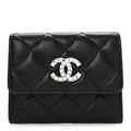 Lambskin Quilted Flap Baguette Crystal Card Holder Wallet Black