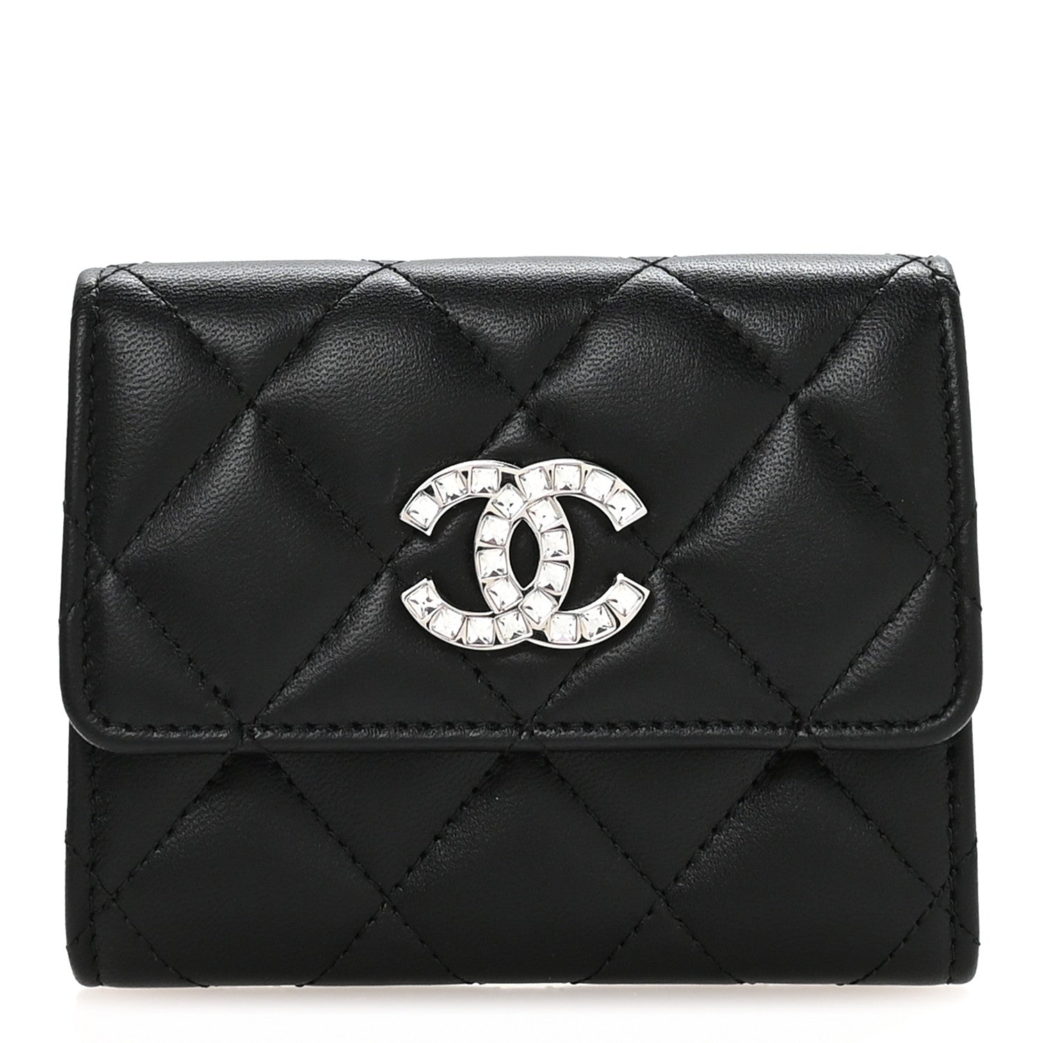 Lambskin Quilted Flap Baguette Crystal Card Holder Wallet Black