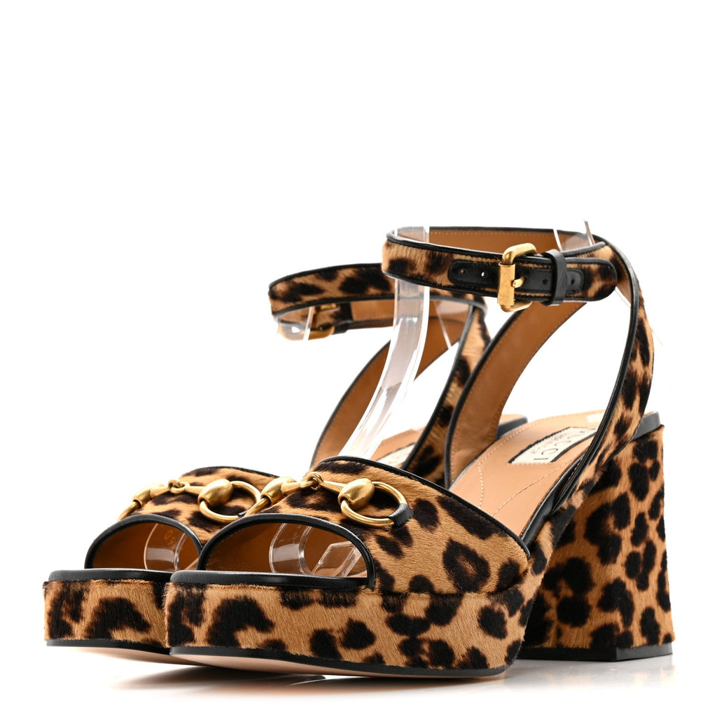 Gucci Calf Hair Leopard Print Horsebit 25/60mm Platform Sandals 36.5 Hazelnut Black