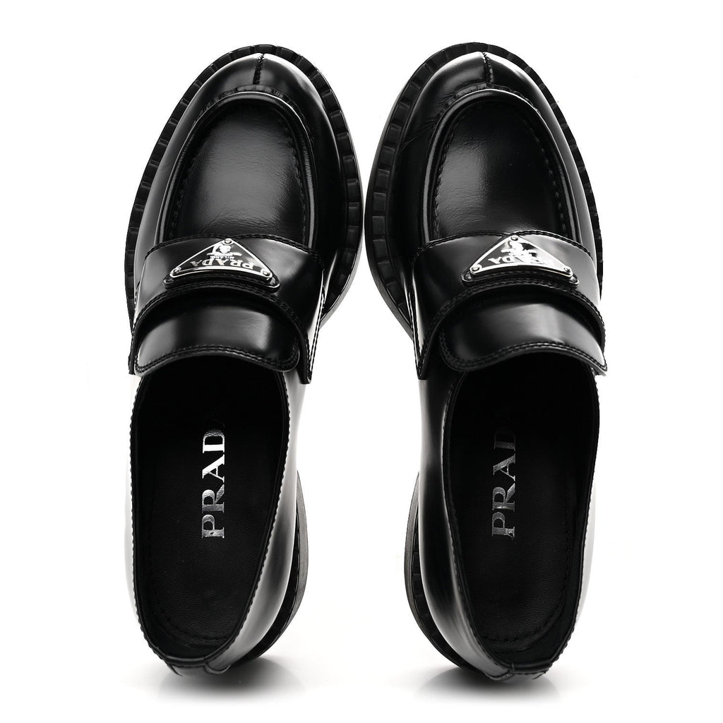 Prada Spazzolato Metal Triangle Logo 50mm Loafers 36 Black