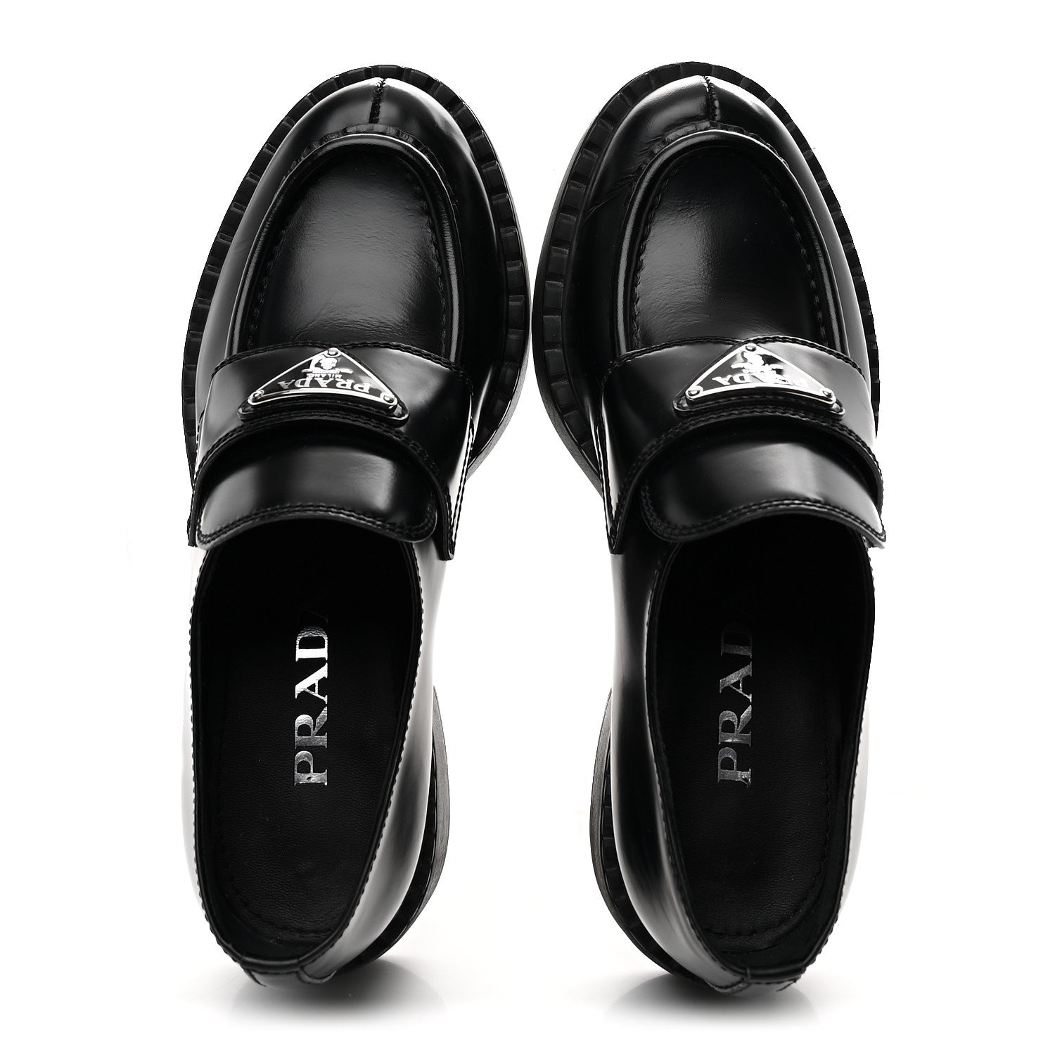 Prada Spazzolato Metal Triangle Logo 50mm Loafers 36 Black