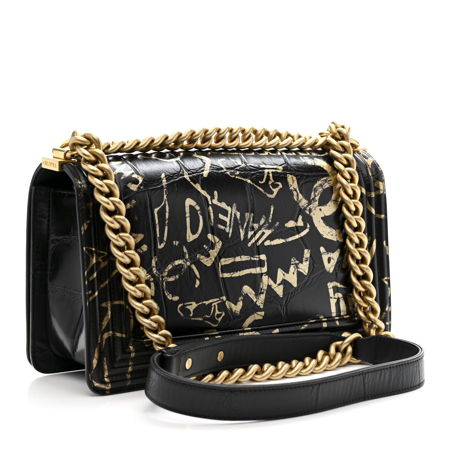 Chanel Calfskin Crocodile Embossed Graffiti Cocodile Medium Boy Flap Black
